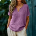 thumbnail image 2 of Camisa de Mujer de Manga Corta - Playera Casual Ligera de Aspecto Lino, Tops de Verano Transpirables de Ajuste Holgado con Cuello en V para Viaje y Vacaciones, Morados M, 2 of 6