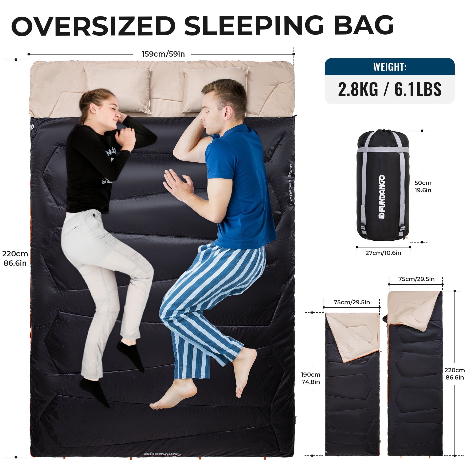FUNDANGO 2 Person Sleeping Bag with Pillows for Adults Black Double Camping Sleeping Bags 220*150cm, Queen Size Two Person Sleeping Bags with Compression Sack 39.2°F-62.6°F, 6.1lbs, Black
