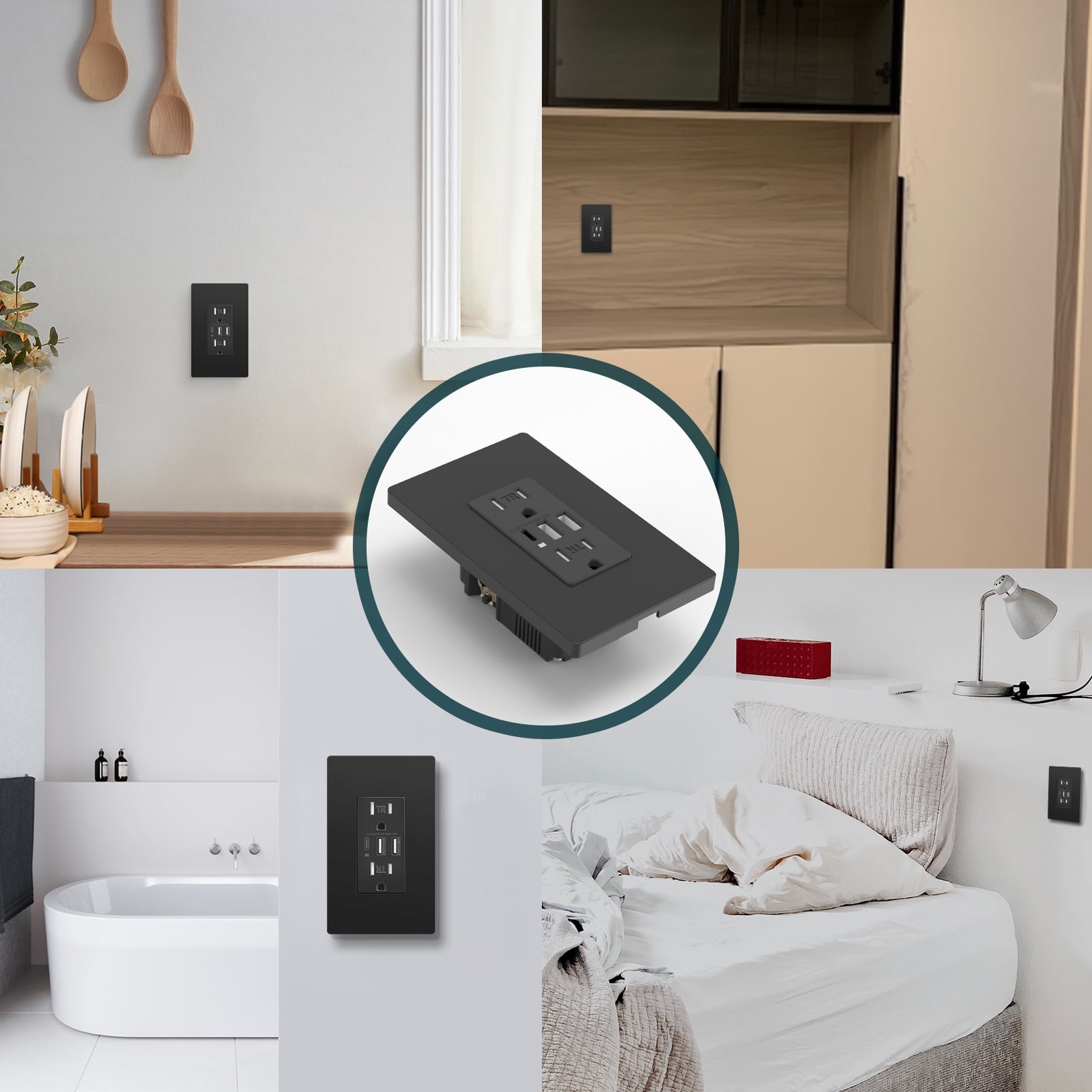 TOPELER Black USB Wall Outlet, 6.0A USB A&C Ports 15A TR Receptacle, UL FCC Listed, Screwless Plate Included, 2 pack