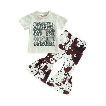 

Arvbitana Toddler Girl Summer Clothes Set Letter Print Round Neck Short Sleeve T-Shirt + Animal Print Flare Pants