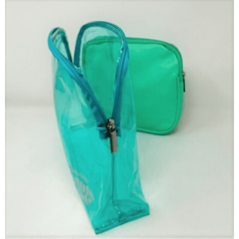 Nordstrom Beauty Makeup Cosmetic Clear Teal Green Pouch Bag Toiletry Travel Case 2 piece Set