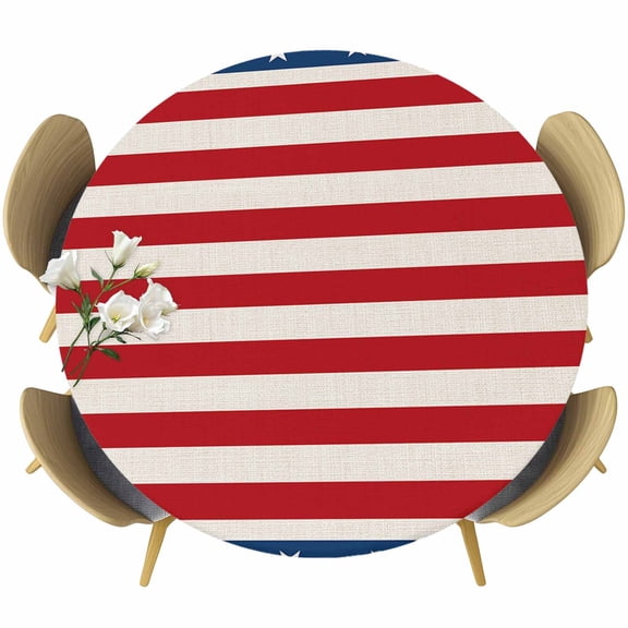 Round Fitted Tablecloths with Elastic Edge Patriotic USA Star Stripes Flag Oil-Proof Waterproof Wipeable Table Cover for Kitchen Dining Party Decor Blue Red White Table Clothes,36" - 44"