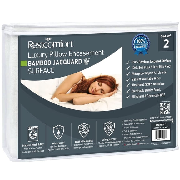 Rest Comfort Bamboo Jacquard Terry Zippered Pillow Case Protector, Standard 2-Pack
