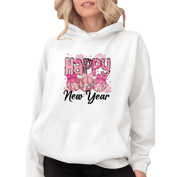 Happy New Year Theme Pink Graphic Tee T Shirt Holiday Flattering Fit Versatile and Soft Hooded long-sleeved White S-2XL