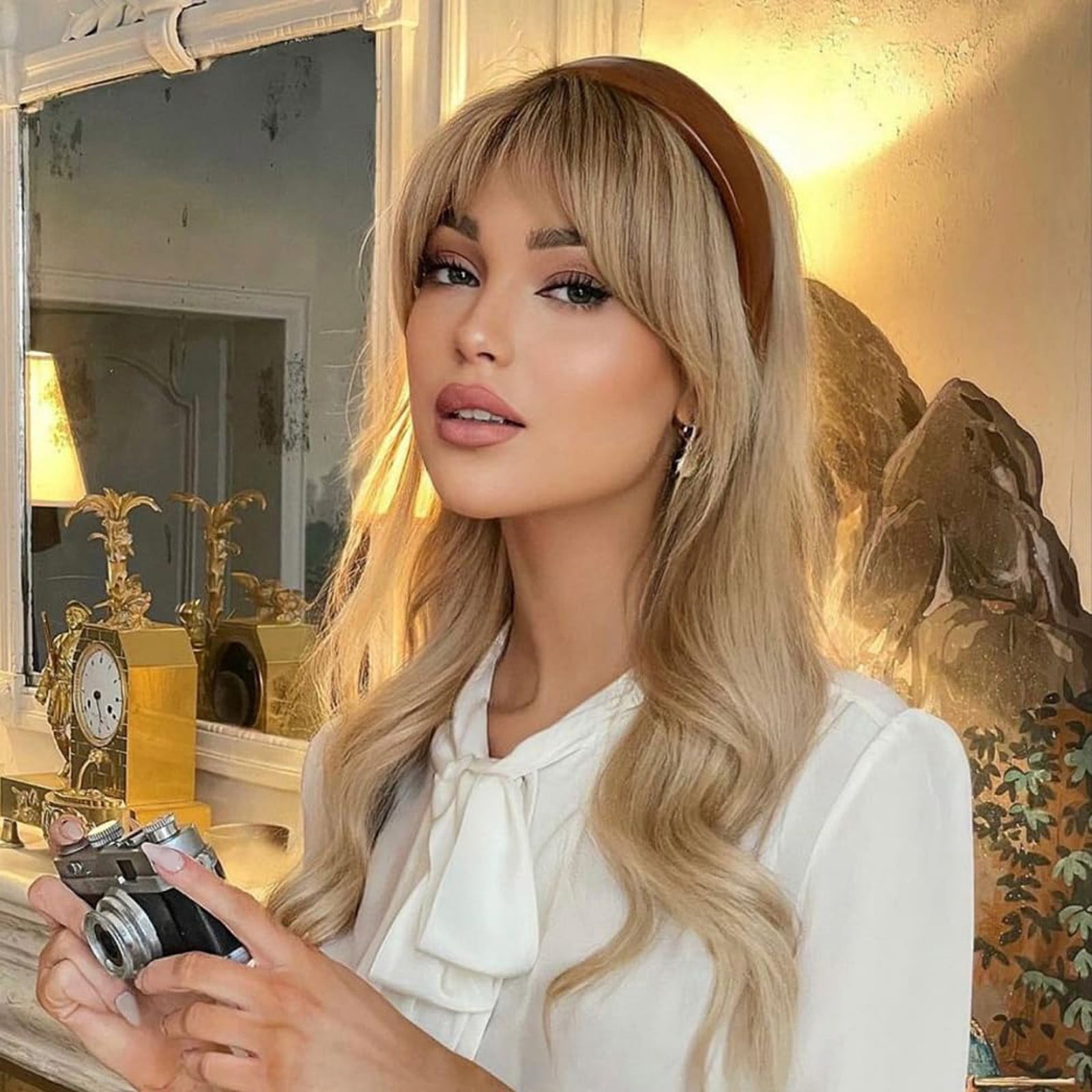 Golden Blonde Long Wavy Lace Front Wig for Women, Curly Synthetic Wig Heat Resistant Natural Looking Wigs(Gold,One Size)