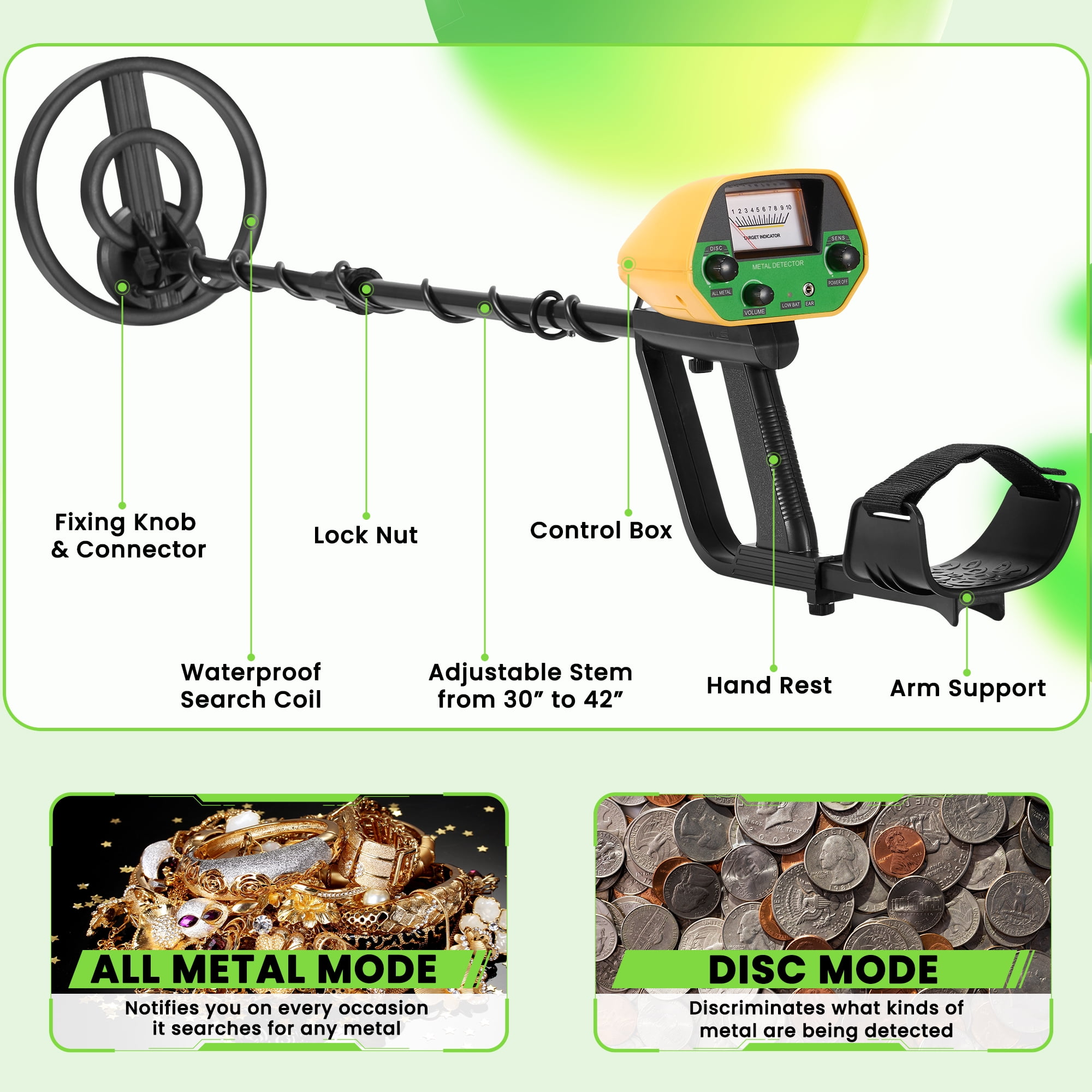 Naipo Metal Detector, Adjustable 30" to 42" Metal Detector for Kids with LED Display Lightweight Kids Metal Detector Kit with 8” Waterproof Search Coil, Gift for Boys & Girls, Green