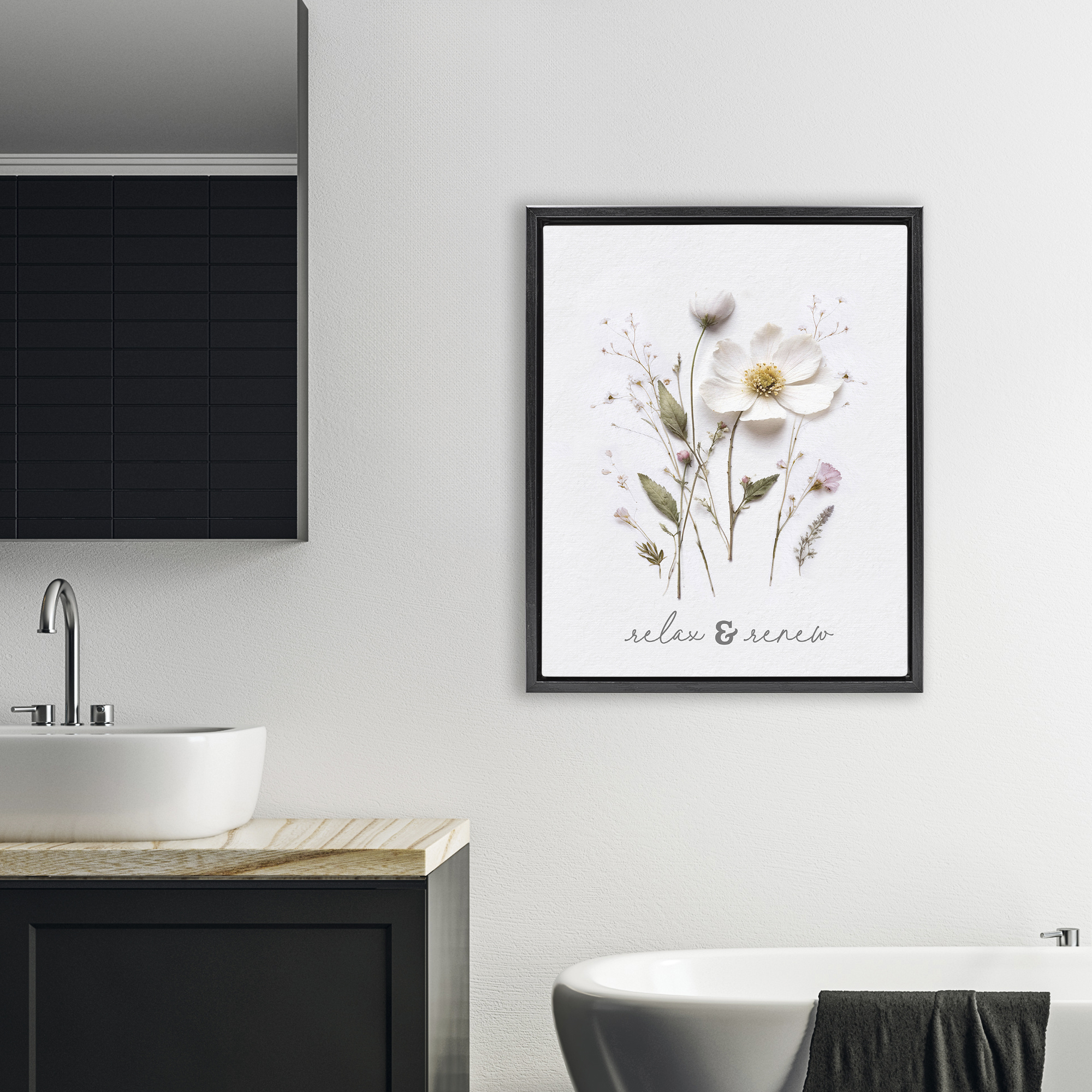 Pressed Flower Relax & Renew Black Framed Floater Canvas Wall Art, design by Lettered and Lined