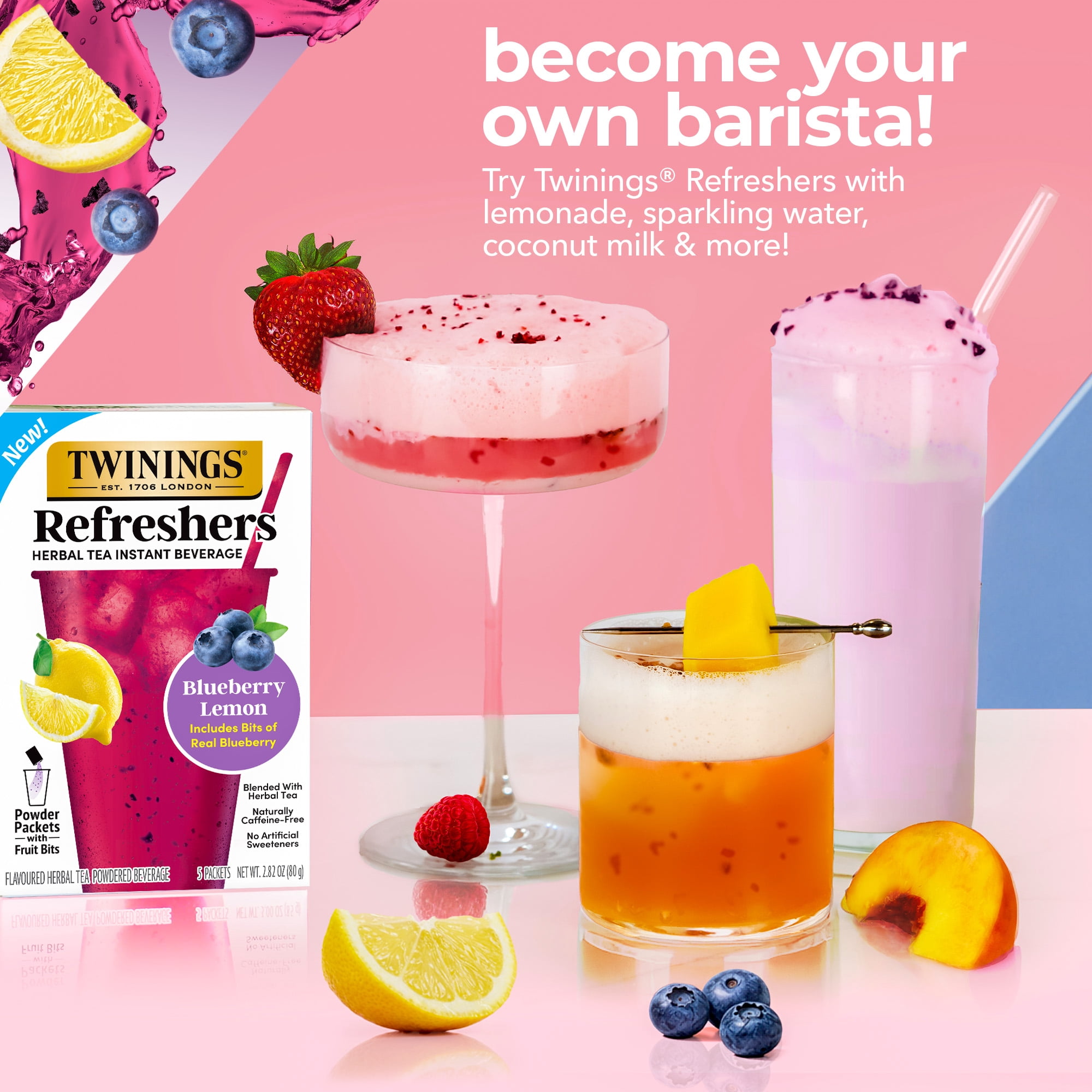 Twinings Refreshers Blueberry Lemon Herbal Tea Drink Mix, Naturally Caffeine Free, 5 Packets