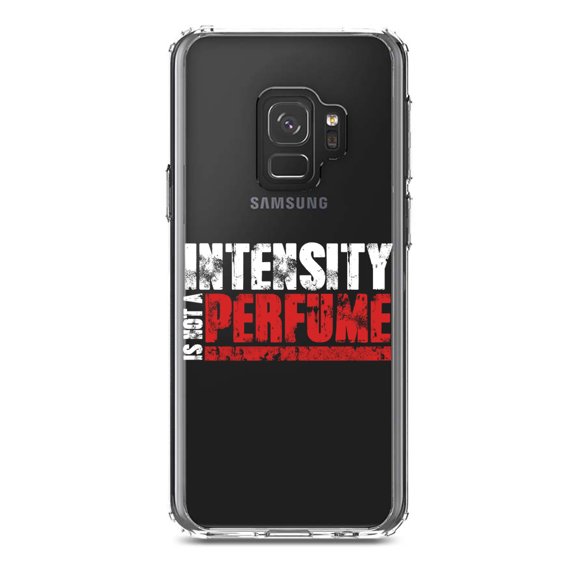 DistinctInk Clear Shockproof Hybrid Case for Samsung Galaxy S9 (5.8" Screen) - TPU Bumper Acrylic Back Tempered Glass Screen Protector - Intensity Isn't A Perfume