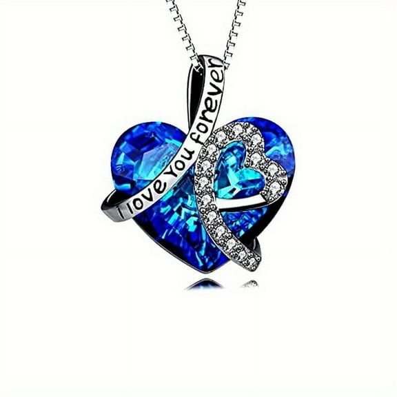 APIPEE Elegant 925 Sterling Silver 'I Love You Forever' Heart-Shaped Pendant Necklace with Blue Cubic Zirconia - Perfect Anniversary, Birthday Gift for Women, Jewelry