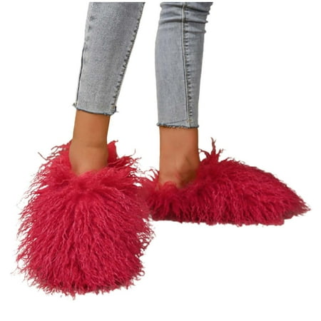 

NRUDPQV Winter Slippers for Women Indoor Fluffy Casual Long Plush Flat Bottom Slippers Ladies Home Slippers Collision Color Fashion Slippers house slippers indoor Red Slippers