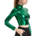 thumbnail image 2 of Blotona Womens Shiny Metallic Liquid Crop Top Long Sleeve Mock Neck Turtleneck Tank Top Clubwear Fashion Solid Color Patent Leather Exposed Navel T-shirt, 2 of 5
