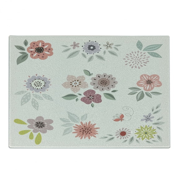 Floral Vintage Cutting Board, Charming and Continuous Flowers Leaves and Butterflies in Pastel Tones, Decorative Tempered Glass Cutting and Serving Board, in 3 Sizes, by Ambesonne