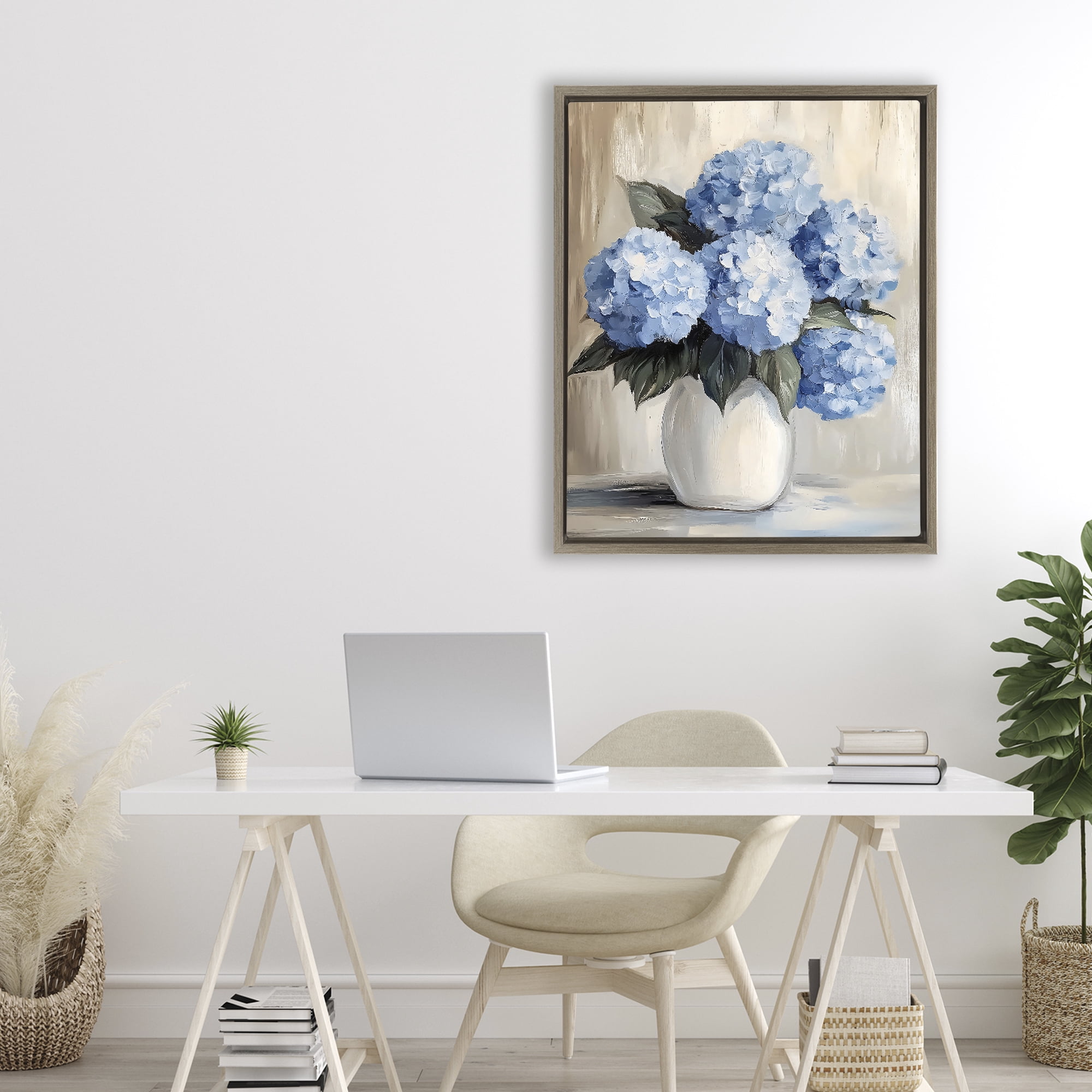 Stupell Industries Painted Hydrangeas in White Vase Brown Framed Floater Canvas Wall Art, design by Creative Studio