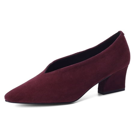 YDN Women Comfy Pointed Closed Toe V Cut Pumps Slip On Chunky Low Heels Formal Wear Outfit Work Shoes Size 8.5 Dark Red