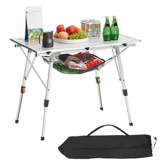 KFFKFF Table de Camping Pliante, Tables d'Appoint Portatives à Enrouler, Table de Plage Légère en Aluminium avec Hauteur Réglable, Couche Supérieure en Maille et Sac de Transport