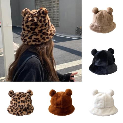 Cheers.US Winter Faux Fur Bucket Hat Fluffy Warm Hat for Women Bucket Hat Bear Ear Ball Thickened Autumn Leopard Plush Ball Basin Cap for Outdoor