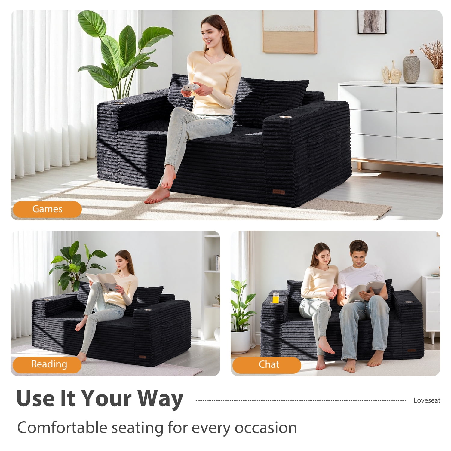 BYBYME 63" Corduroy Cloud Floor Sofa,Modular Comfy Small Cloud Couch for Small Spaces,Boneless Sofa for Living Room,No Assembly,Loveseat,Black