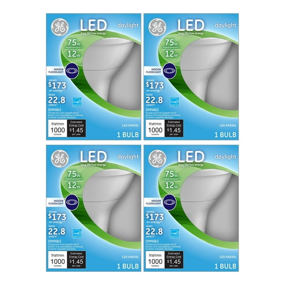 (4 bulbs) GE Lighting 96852 LED Indoor Floodlight, Dimmable, 12-watt (75-watt Equivalent) 1000 Lumen PAR30L Light Bulb with Medium Base, Daylight