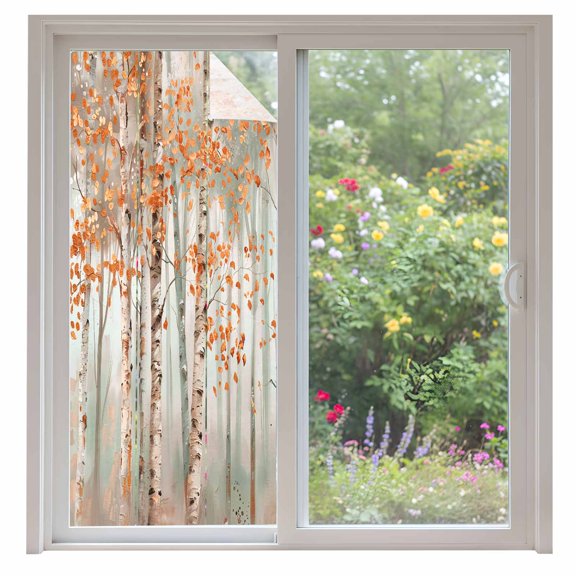 Orange Grey Forest Window Privacy Film, Grey Modern Art Oil Painting Static Cling UV Sun Blocking Heat Control Window Tint Day and Night, Non-Adhesive One Way Windows Privacy Cover 35.4''x78.7''