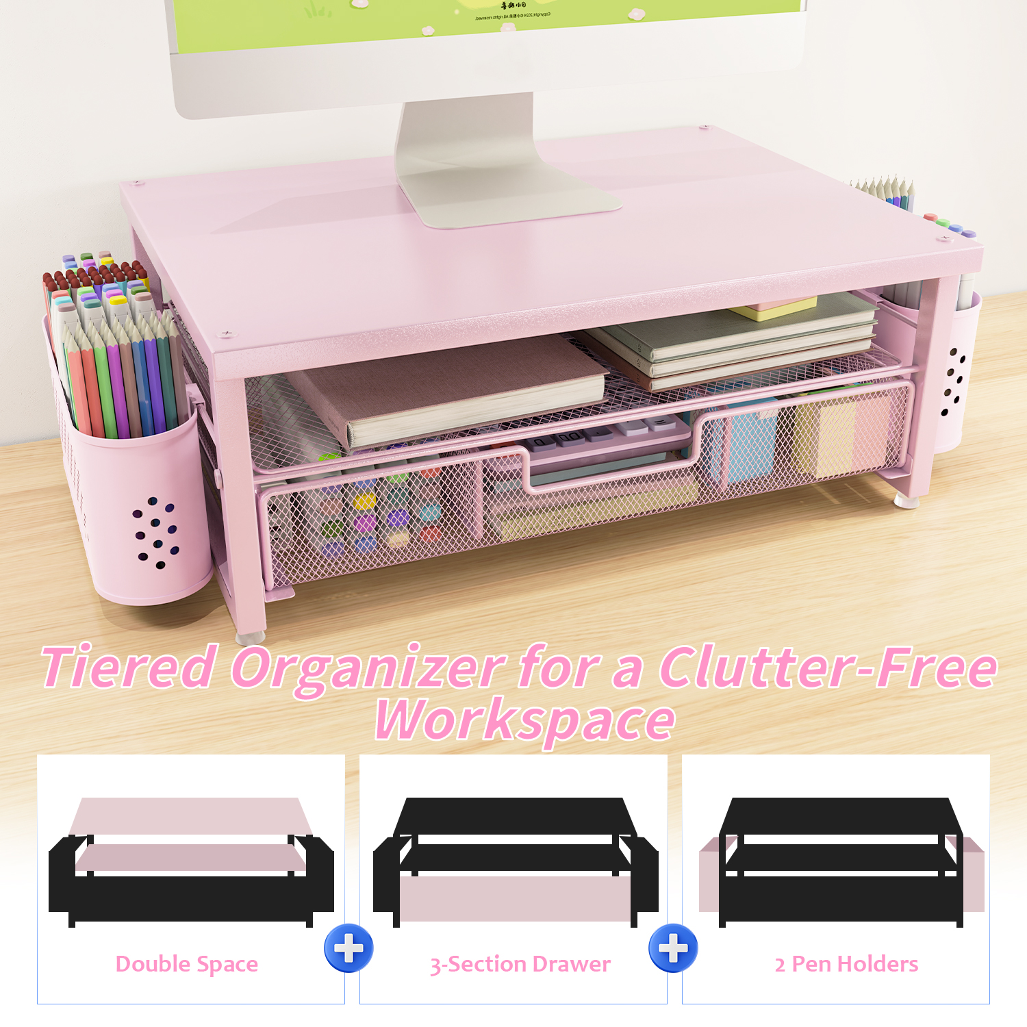 MEHOOM Desk Organizer, 3-Tier Monitor Stand with Storage and 2 Pen Holder, Laptop Stand, Office Desk Accessories for Office Supplies, Pink