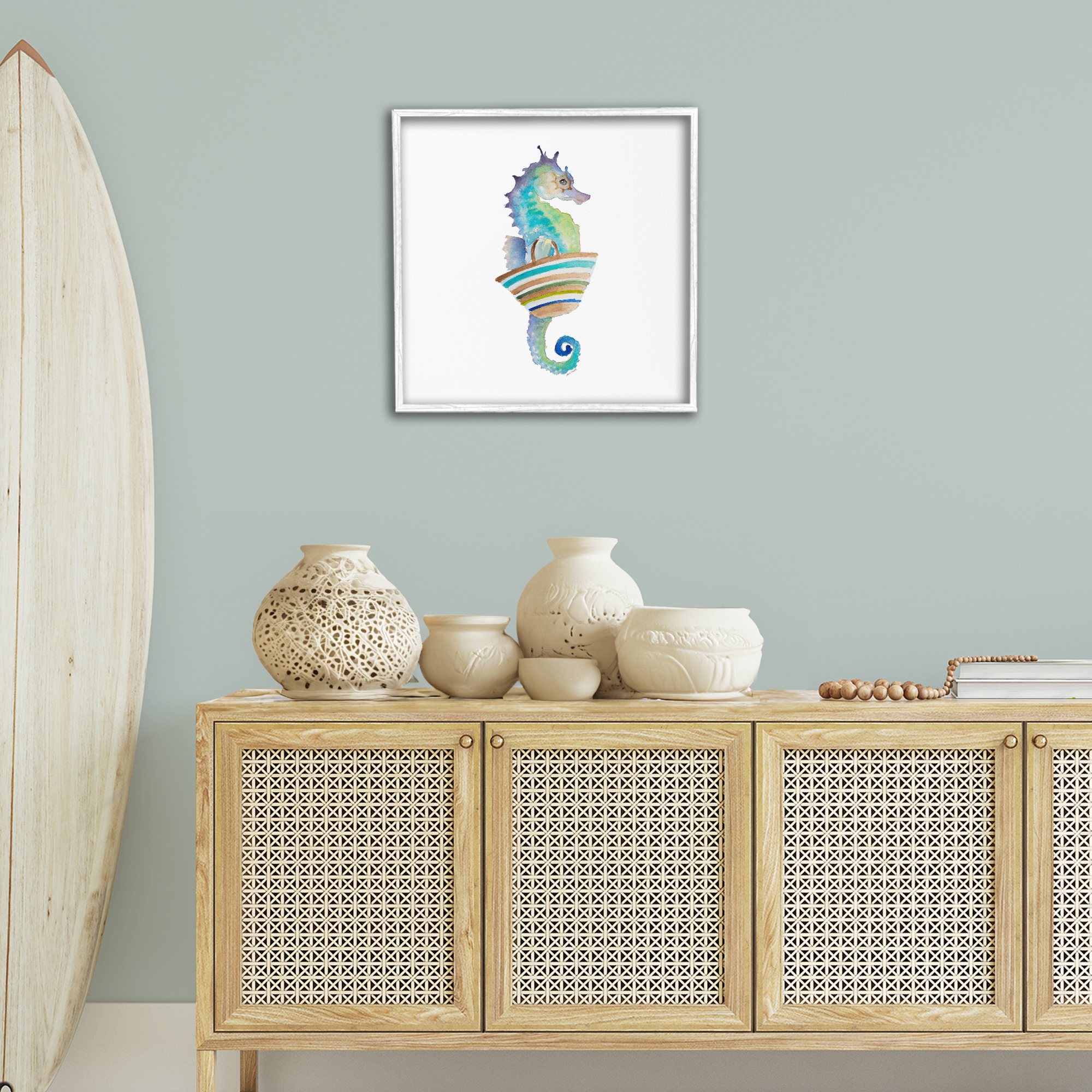 Stupell Industries Summer Ready Seahorse Novelty Painting White Framed Art Print Wall Art, 24 x 24