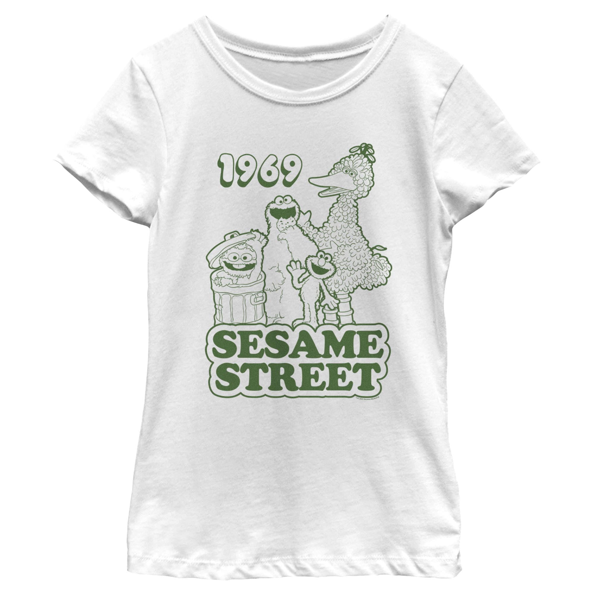 Girl's Sesame Street Group Green Outline 1969 Graphic T-Shirt