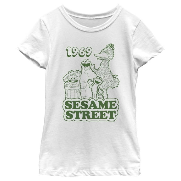 Girl's Sesame Street Group Green Outline 1969 Graphic T-Shirt