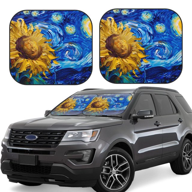 Fotbe Whimsical Sunflowers Night Sky Juego de 2 Piezas de Parasoles para Parabrisas | Bloqueador Solar para Auto | Accesorios Plegables para Protección Solar Interior-Large