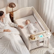 Babyomi 4 in1 Baby Bassinet with Diaper Changer, Long Next to Bed Crib with Mattress, Height Adjustable, Pack and Play, Bedside Crib Sleeper, Beige