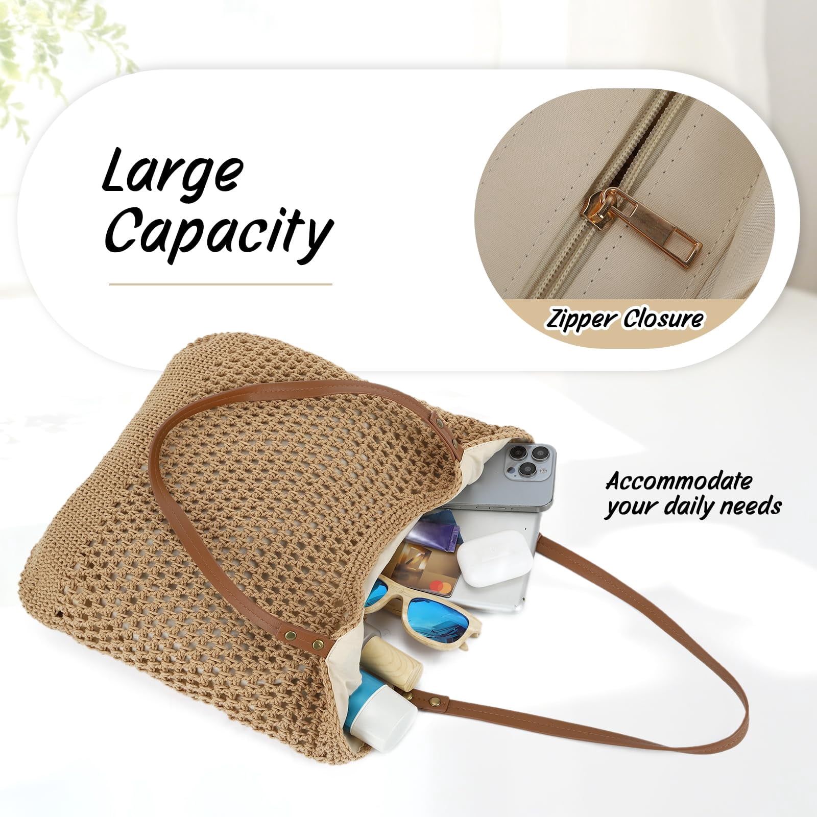 mirlewaiy Beach Bags for Women Woven Crochet Summer Purse 2026 | Boho Tote Bag, 13.8" Large Capacity, Tote Bag with Zipper, Foldable Packable, Beach Shipping, Vacation Purse