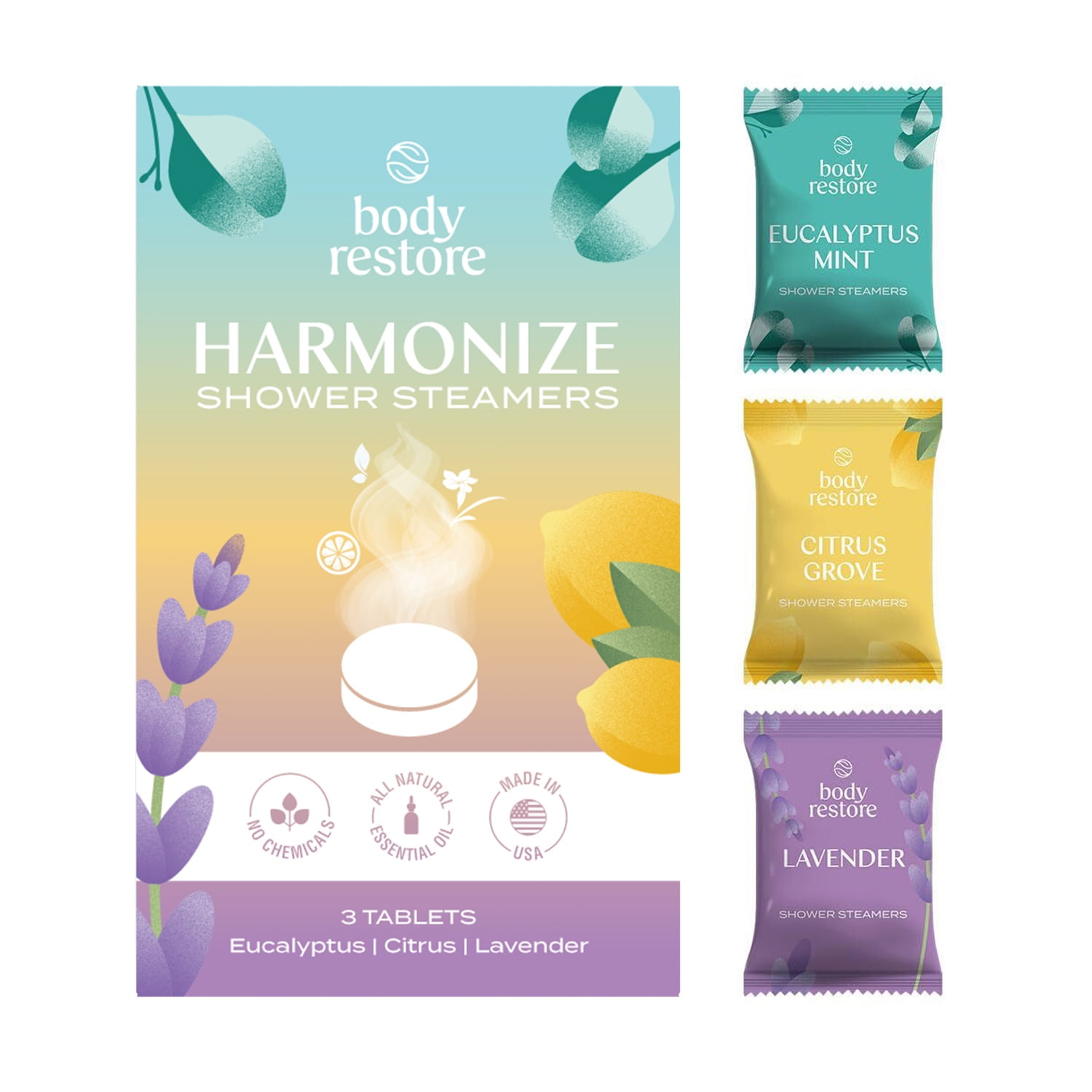 Body Restore Harmonize 3 Count Aromatherapy Shower Steamers, Eucalyptus & Mint, Citrus and Lavender