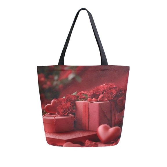 Durable Canvas Tote Bag with Zip Pocket Bags for Woman Shoulder Versatile Carryall for Everyday Use Red Roses and Gift Box