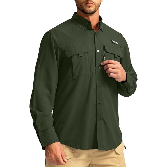 Camisas de pesca con protección solar de manga larga, camisas de viaje y trabajo para hombre, camisas con botones UPF50 o más y bolsillos con cremallera (talla XXL, color oliva)
