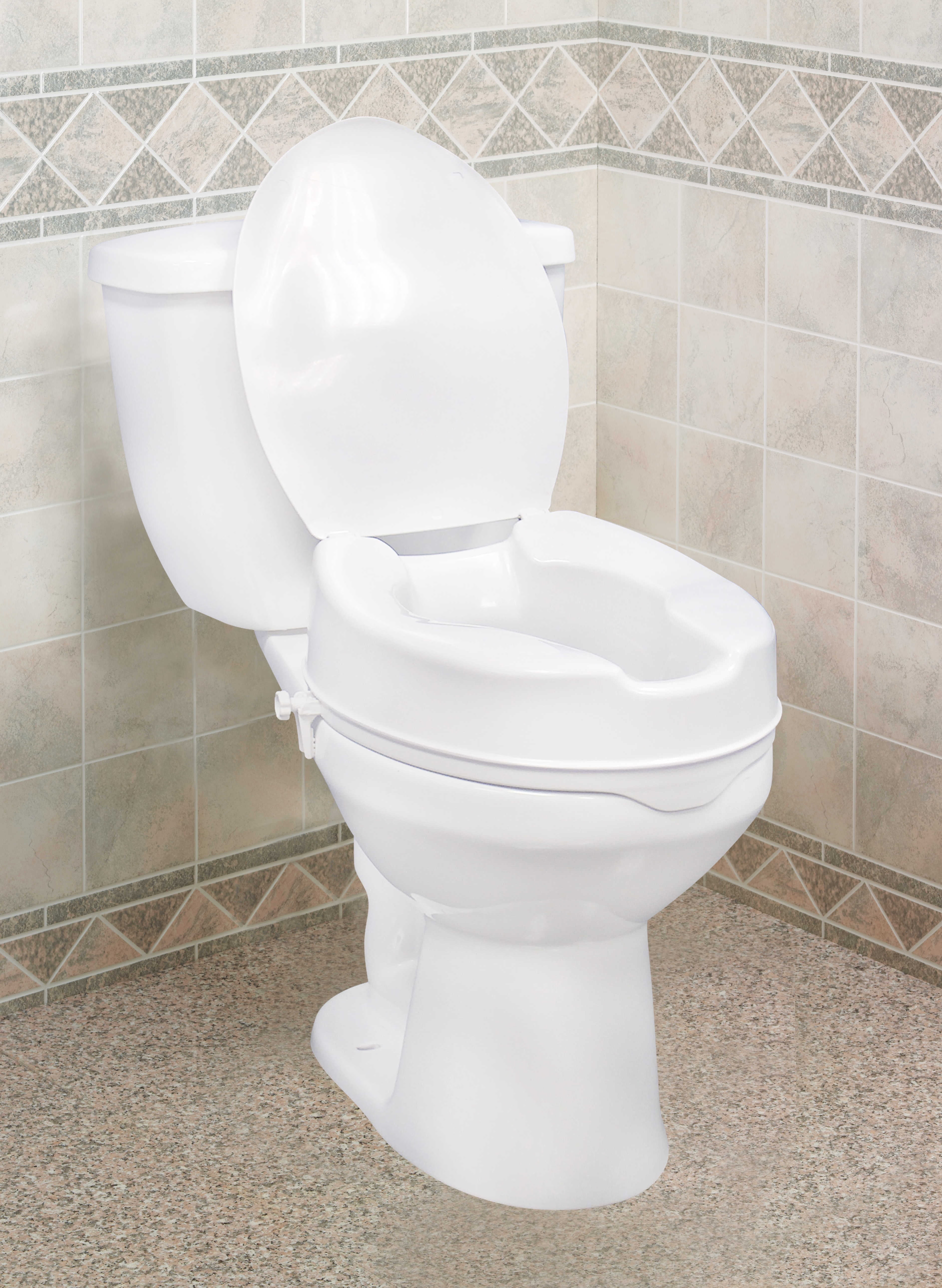 Drive Medical Plastic Raised Toilet Seat with Lid and Heav Duty Lock, White, 4" Height, fits most Toilets, weight up to 400 lbs