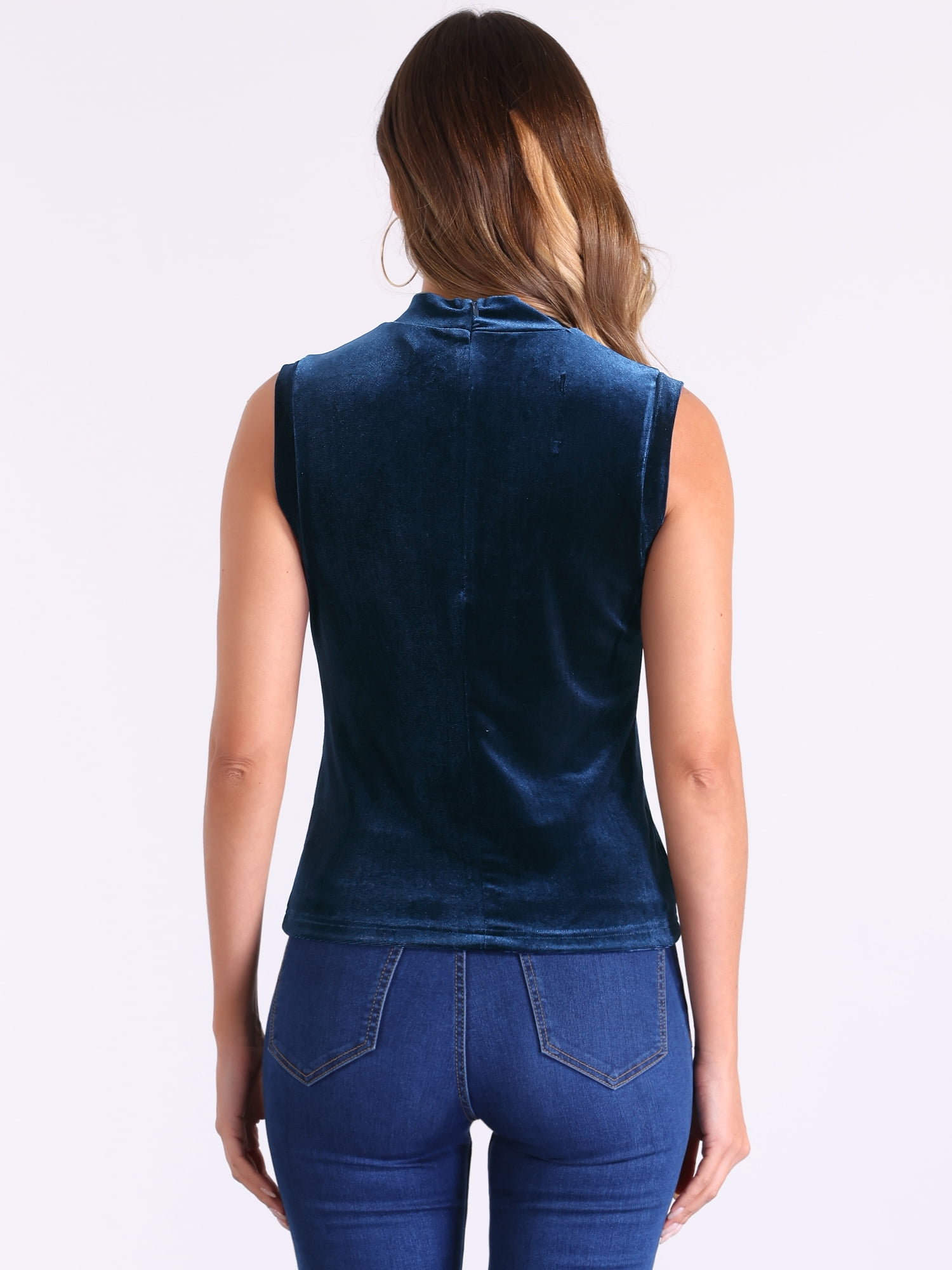 DARING DIVA Women Velvet Sleeveless Mock Neck Tank Tops Shirts L Deep Blue