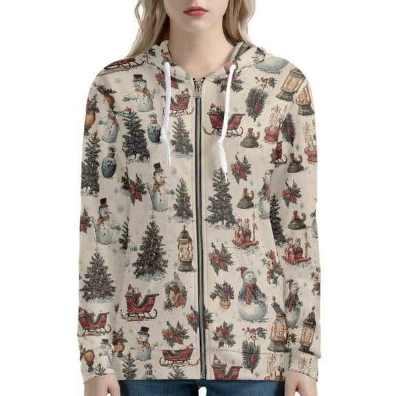DISNIMO Christmas Tree Printed Womens Zip Up Hoodies Snowman Printed Ladies Hooded Tops Long Sleeve Sport Sweatshirt with Pockets, XS