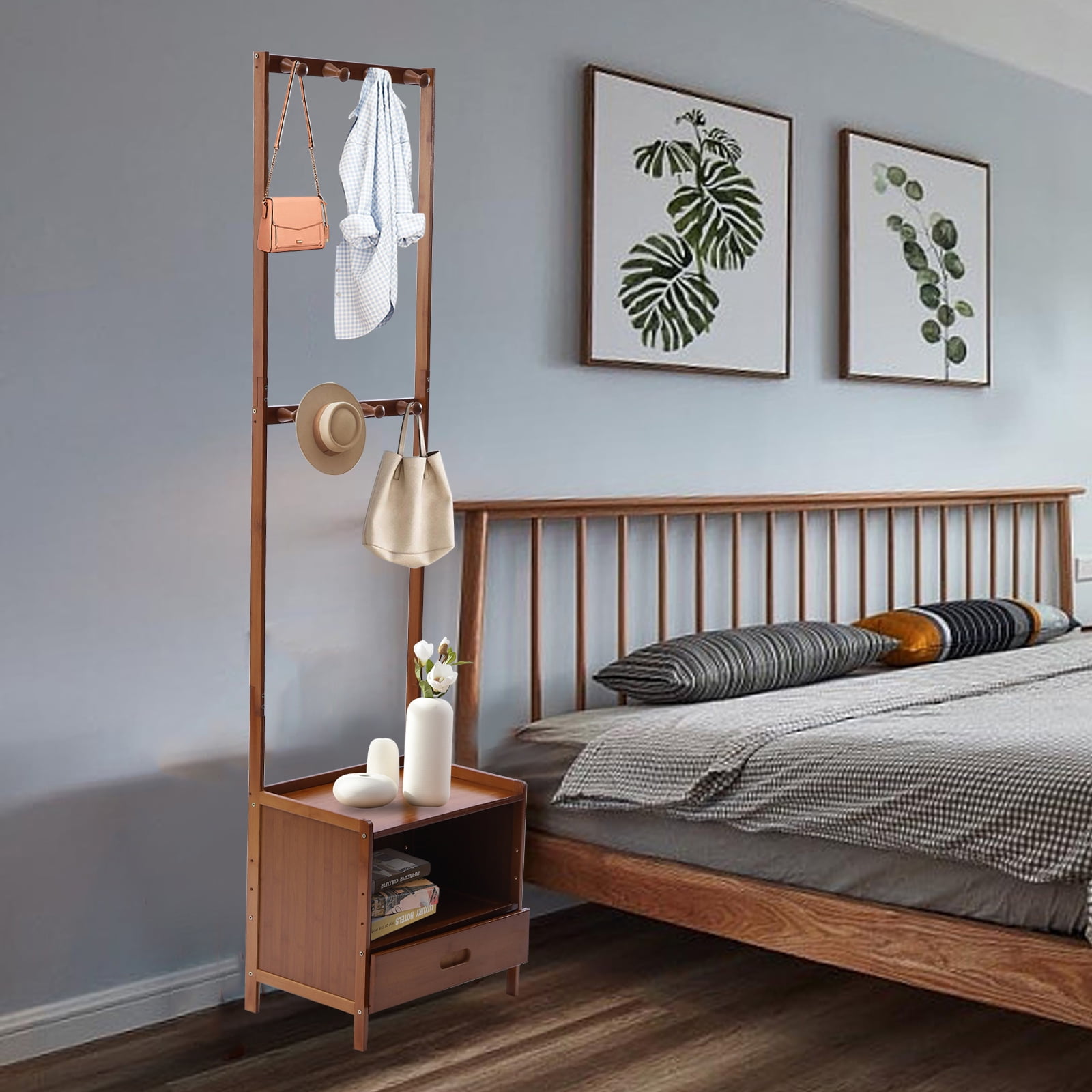 YIYIBYUS Coat Rack Bamboo Coat Hooks Stand Brown Bedside Table Storage