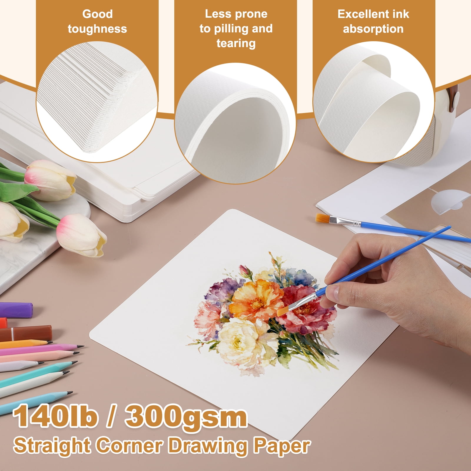 Uxcell 52 Pcs Watercolor Paper 4 x 6 Inch 140lb/300gsm Artist Painting Drawing Paper Bulk Cold Press Water Color Paint Sheet for Sketchbook Journal (Round Corner), White