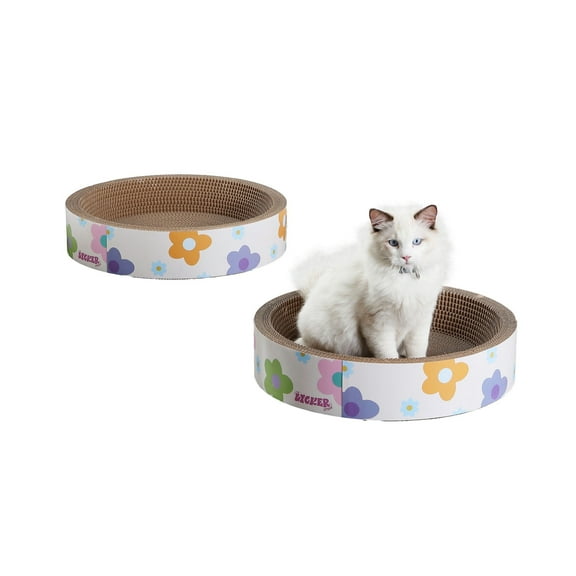 THE LICKER STORE Daisy 18.13" Modern Cardboard Bowl Cat Scratcher with Catnip, White/Multi (Set of 2), CSR1001A-SET2