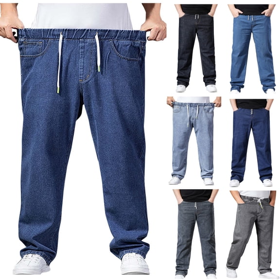 Npasoilc Denim Pants for Men Drawstring Elastic Waist Straight-Leg Business Casual Work Trousers Solid Color Loose Fit Pants