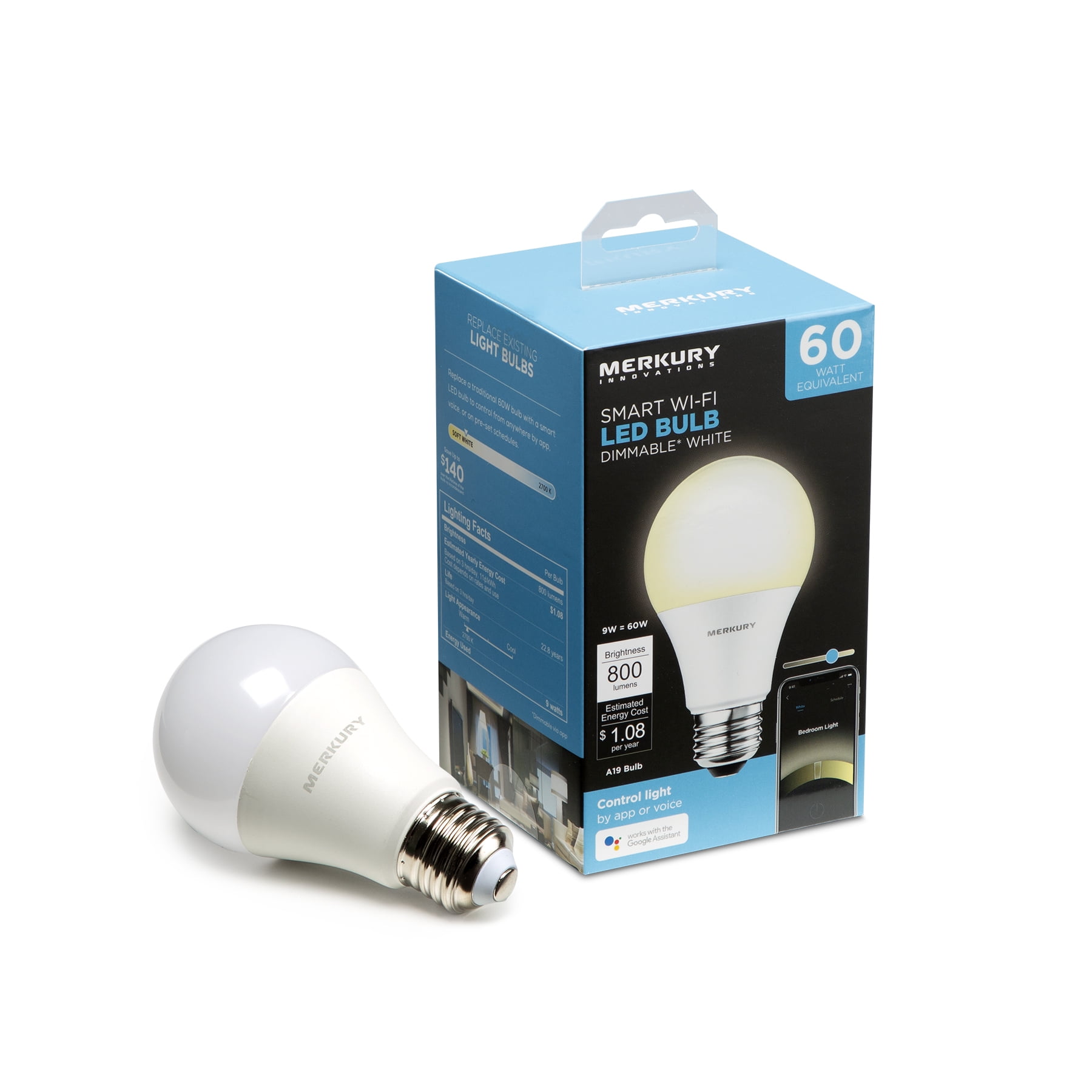 Merkury Innovations A19 Smart Light Bulb, 60W Dimmable White LED