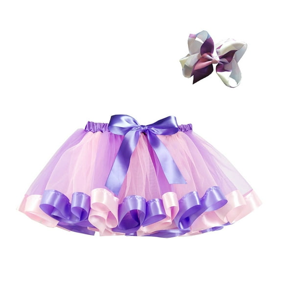 Girls Rainbow Tulle Skirt Party Princess Dance Ruffle Puffy Mesh Tutu Skirts Bow Ballet Dance Pettiskirt, Purple, M