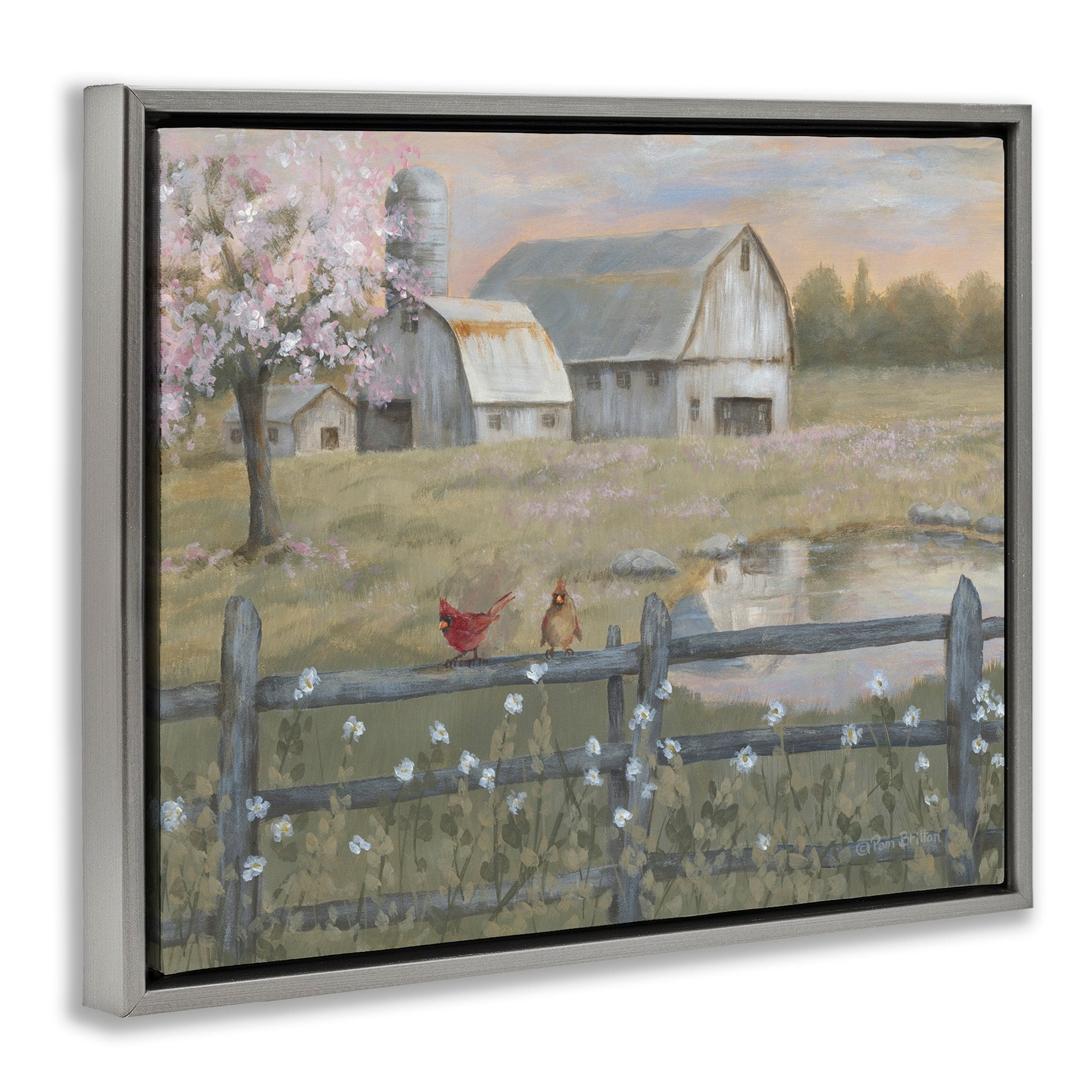 Stupell Industries Blossoming Trees Birds Perched Country Farm Fence Painting Luster Gray Floating Framed Canvas Print Wall Art, Design by Pam Britton