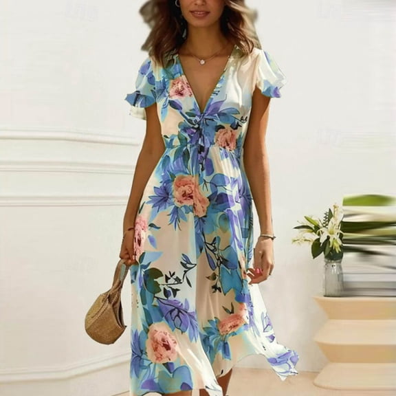 Dolkfu Retro Women'S Fall&Winter Dresses Mid-Length V-Neck 1/4sleeve Blue Faux-Wrap Dresses Chiffon Printed Regular Flowers Classic Dresses Blue,L