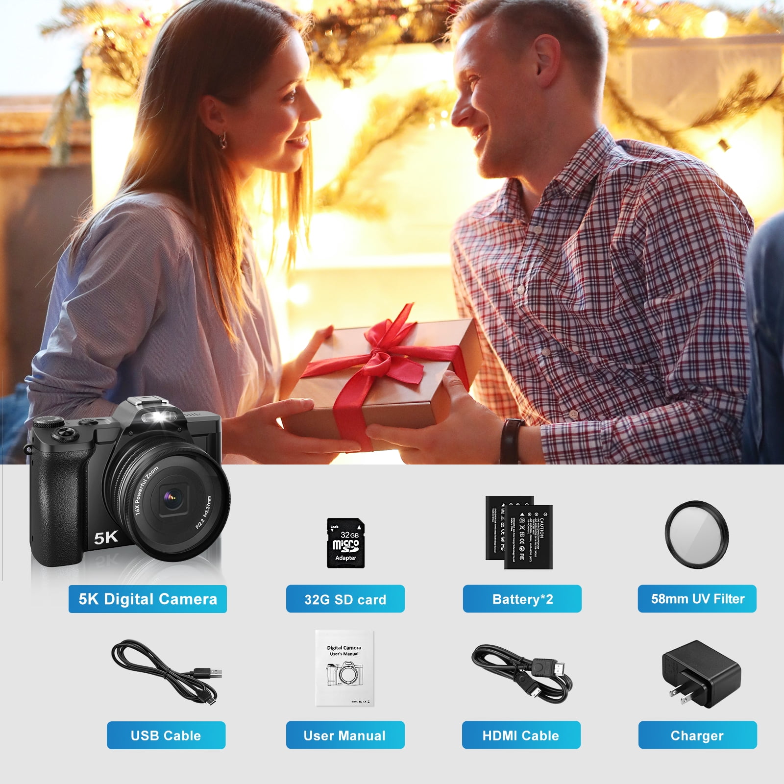 5K Digital Camera WiFi  Autofocus Vlogging Camera 48MP Compact Video Camera for Youtube with 32G SD Card UV Filter