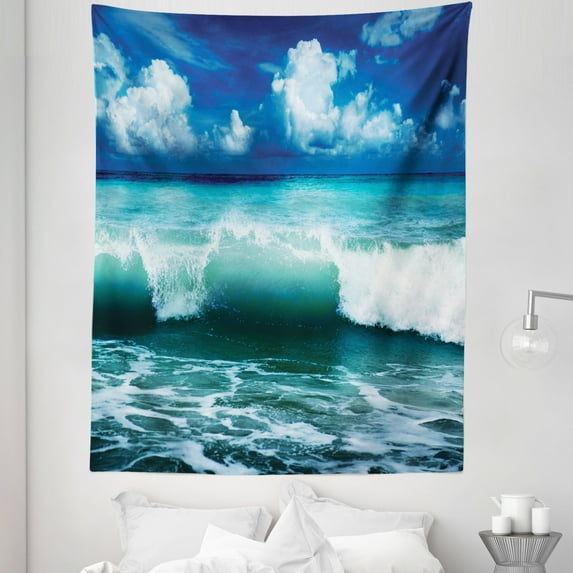 Ocean Tapestry, Caribbean Island Coast Seascape Waves Water Splash Surfing Sports Theme, Fabric Wall Hanging Decor for Bedroom Living Room Dorm, 5 Sizes, Aqua Navy Blue White, by Ambesonne
