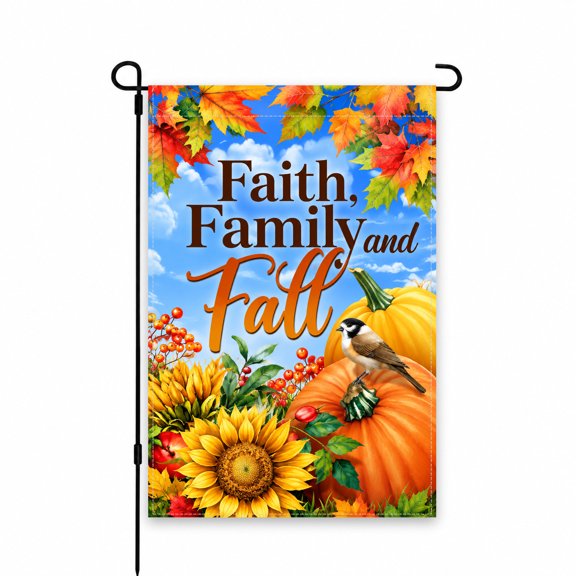 Faith Family Fall Garden Flag 12x18 Inch - Autumn Leaves Sunflowers Pumpkins Bird Design for Yard Patio Porch Outdoor Decor, Seasonal Fall Display
