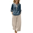 thumbnail image 2 of Women's Two Piece Outfit Set Embroidered Linen Blended 3/4 Sleeve Bohemian Top and Wide Leg Pants for Women Daily, 2 of 5