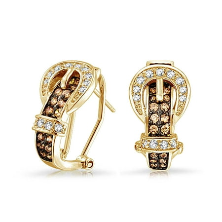 Brown Cubic Zirconia Earrings (Coffee Brown Cubic Zirconia Pave CZ Belt Buckle Stud Drop Earrings For Women Omega Back 14K Gold Plated)